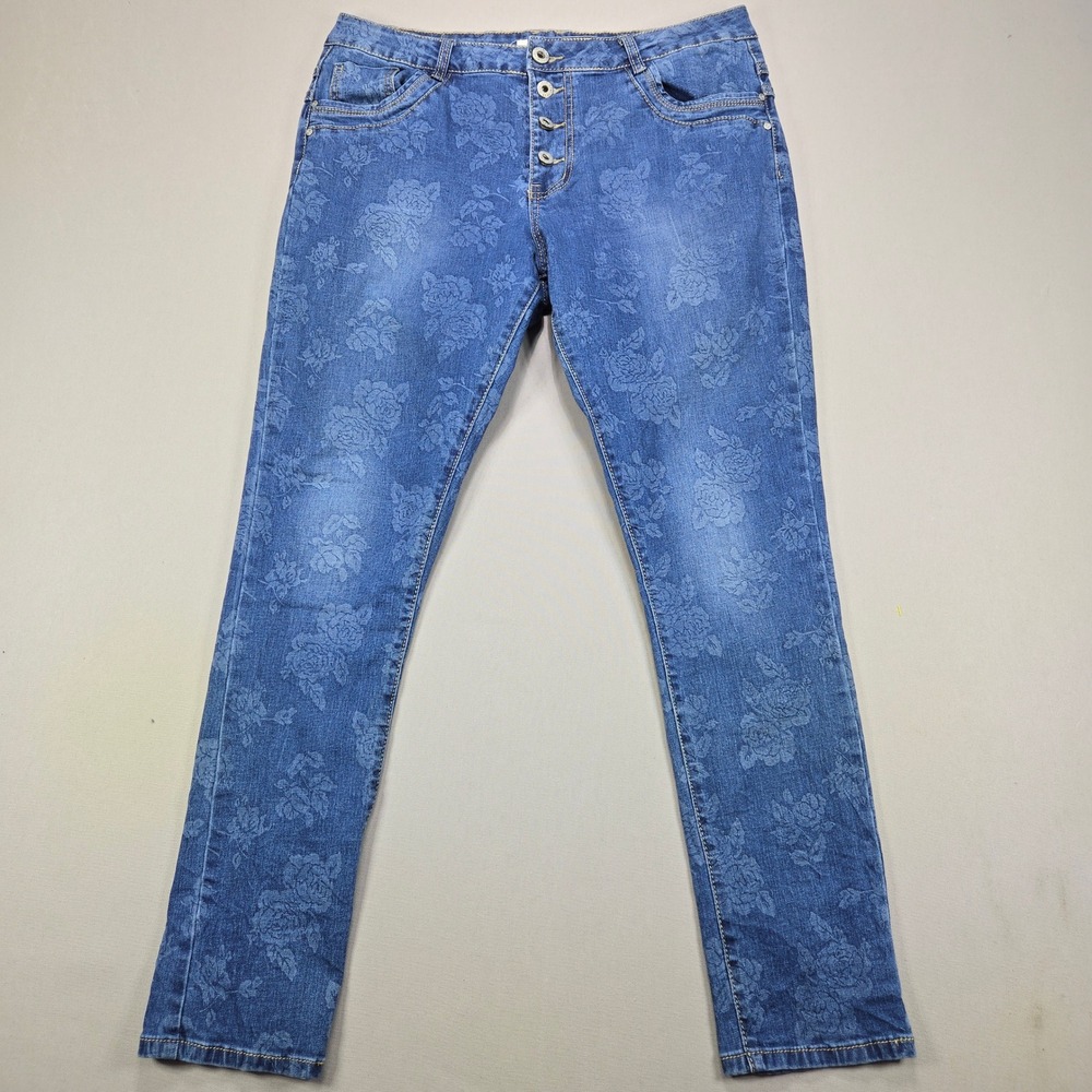 JEWELLY Skinny Jeans Floral Rose Print Button Fly Blue Denim‎ Women Size XL 14